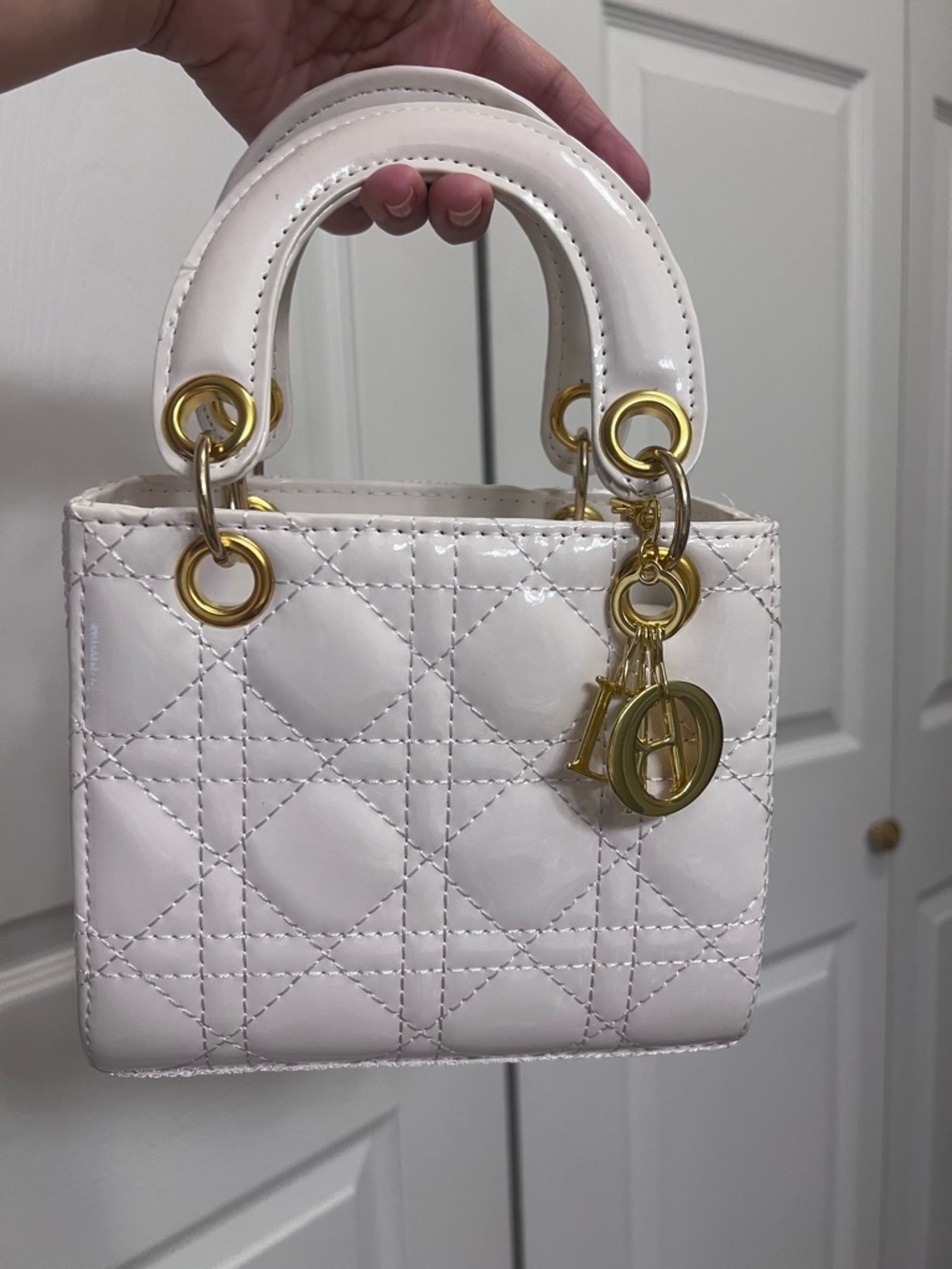 Lady D White Quilted Patent Top-Handle Bag with Gold Hardware